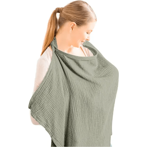 Konssy Muslin Nursing Cover for Baby Breastfeeding, Breathable 100% Cotton Breastfeeding Cover with Rigid Hoop for Mother Nursing Apron, Multi-use Carseat Canopy (Fog Green)
