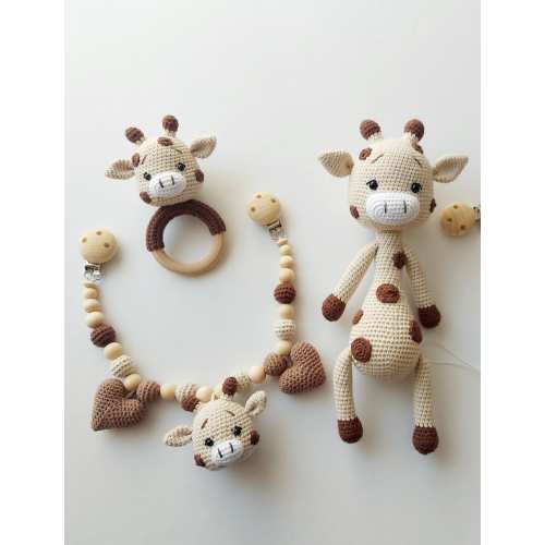 Giraffe set of stroller chain, soft toy, maxicosi chain, grasping toy, birth gift, baptism, mother's gift, baby shower