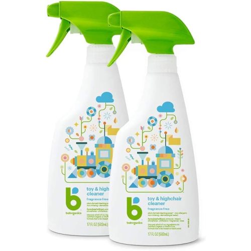 Babyganics Toy & Highchair Cleaner Spray, Fragrance Free, 17oz Spray Bottle, Made without ammonia, bleach, phosphates, phthalates or dyes, Pack of 2.