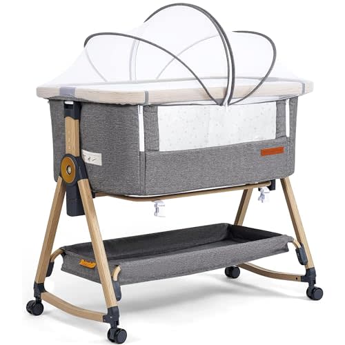 Maydolly Baby Bassinet & Bedside Sleeper, 3 in 1 Rocking Bassinet with Mattress & Sheet, Adjustable Height, Removable Breathable Cover, Easy Folding Infant Bassinet (Grey)