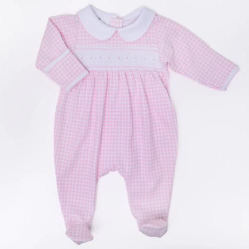 0-3 Mini Checks Smocked Footie - Pink