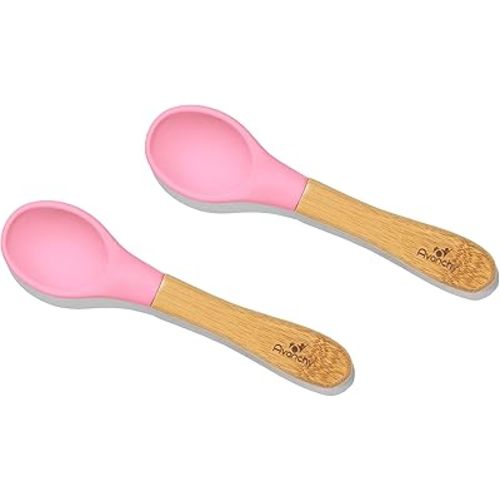Avanchy Baby Spoons Bamboo and Silicone Set, Self Feeding Food Utensils, 4 Months Baby Led Weaning, 2 Pack Pink