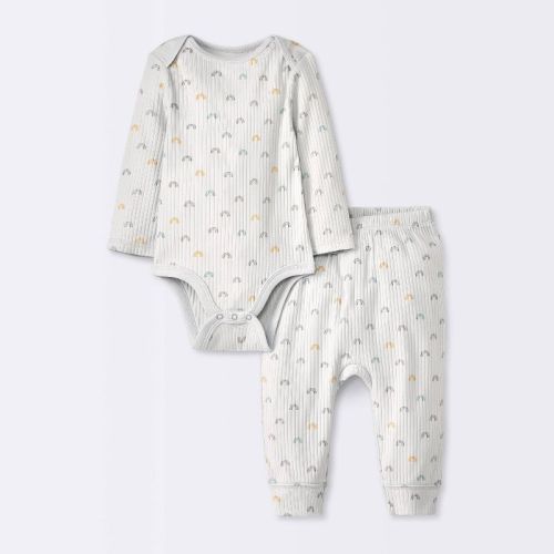 Baby 2pc Rainbows Wide Ribbed Top & Bottom Set - Cloud Island™ Gray 0-3m: Cotton Bodysuit & Pants
