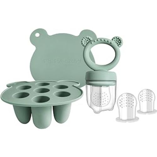 Silicone Breast Milk Popsicle Mold & Fresh Food Teether Feeder - Self Feeding Baby Frozen Breast Milk Teether with Forage Feeder and Ice Cube Tray (Green)