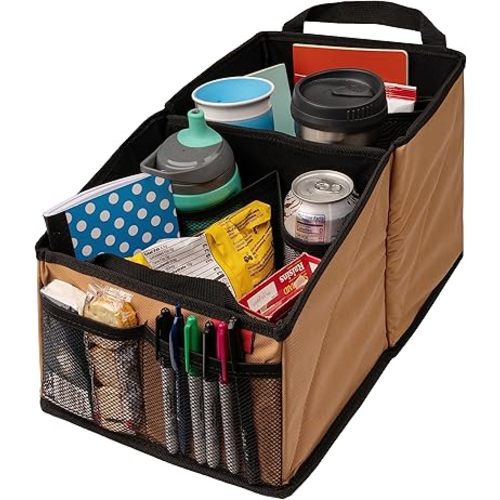 Lusso Gear Car Seat Organizer with Cup Holders for Front, Back, Passenger Seats, Truck and Van, 9 Auto Storage Compartments for Travel Organization of Trunk, Seats, Mobile Office (Tan)