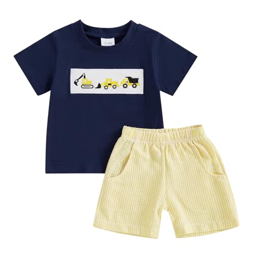 Aiwpstoin Toddler Baby Boy Summer Outfits Embroidered Short Sleeve T Shirt Top Plaid Gingham Boxer Shorts Set