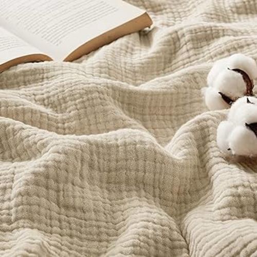 Bedsure 100% Cotton Muslin King Size Blanket for Bed - 4-Layer Breathable and Lightweight Muslin Blanket for Summer, Soft Gauze Fall Blanket, Beige, 108x90 Inches