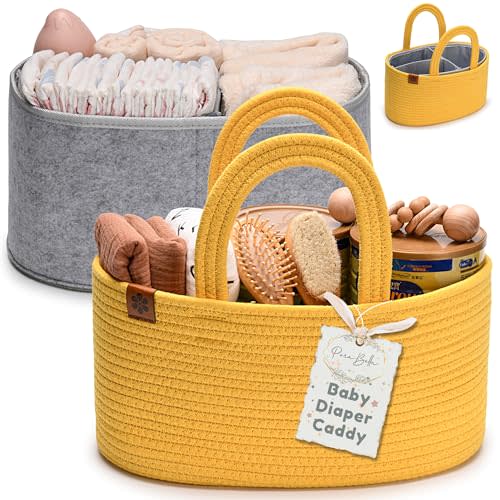 PeraBella Baby Diaper Caddy Organizer for Changing Table, Cotton Rope Diaper Basket for Boy, Nursery Diaper Organizer, Portable Diaper Storage | 2 PCS Set