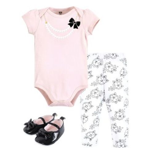 Hudson Baby Infant Girl Cotton Bodysuit, Pant and Shoe Set, Pink Black Necklace, 0-3 Months