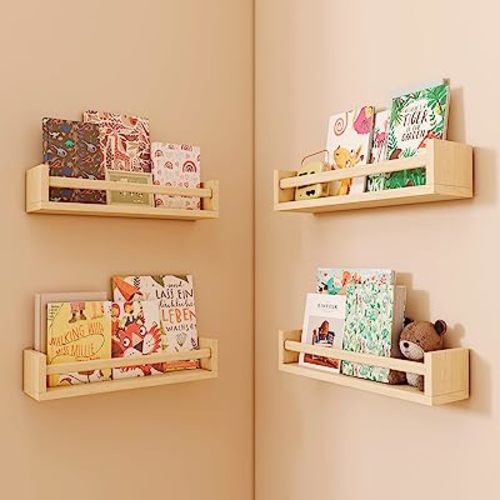 Nursery Shelves, Floating Bookshelves for Wall Set of 4, Baby Nursery Decor, Solid Wood Wall Mounted Shelves for Books (Natural Wood)