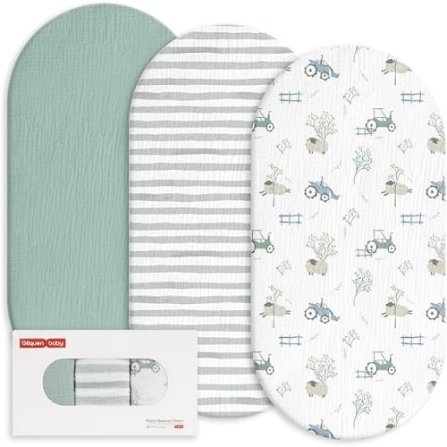 Gllquen Baby Muslin Bassinet Sheets 3 Pack, Breathable Elastic Cozy Fitted Cotton Bassinet Mattress Sheet for Baby Boy Girls, Fit for Hourglass Oval Rectangular Cradle Pad Sheets 33"x17" (Car)