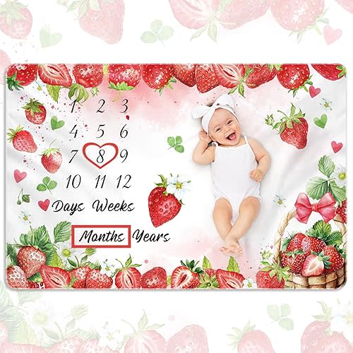 Nuanchu Baby Monthly Milestone Blanket Baby Girl Boy 60 x 40 Soft Fleece First 12 Months Growth Chart Newborn Photography Background Baby's First Year Milestone Blanket Nursery Decor (Strawberry)