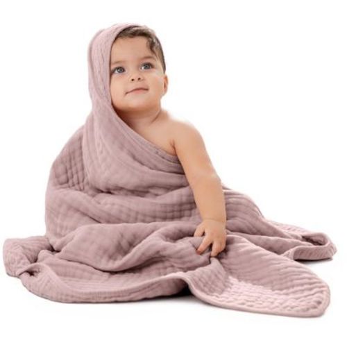 Comfy Cubs Hooded Baby Towels - 6 Layer, 100% Muslin Cotton - Large 32 X 32 Inch - 1-pack, Blush