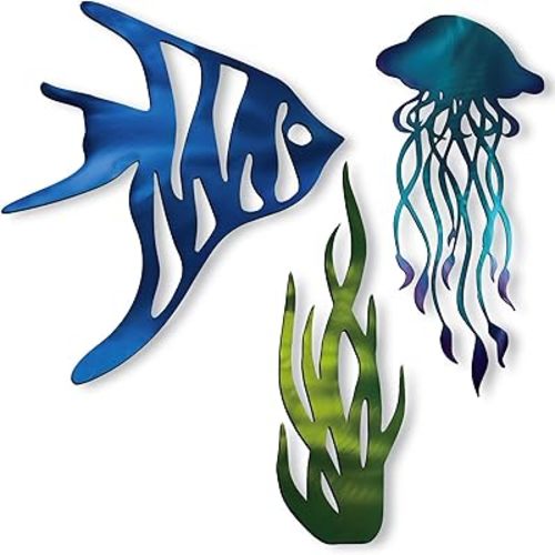 Zonon 3 Pcs Coastal Wall Decor Nautical Wall Decor Ocean Beach Themed Room Decoration Metal Jellyfish Fish Seaweed Beach Hanging Decoration Rustic Ocean Coastal Home Art for Living Bedroom Bathroom