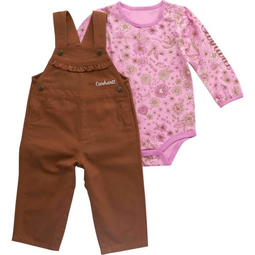 Girls' 2-Piece Long Sleeve Floral Bodysuit & Canvas Overall Set (Baby)