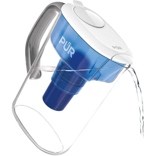 PUR 7-Cup Pitcher Water Filter with 1 Genuine PUR Filter- Small Capacity, 2-in-1 Powerful, Faster Filtration, Lasts 2 Months or 40 Gallons, Dishwasher Safe, White/Blue (PPT700W)