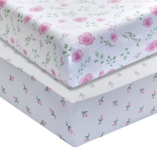 Everyday Kids 2 Pack Fitted Girls Crib Sheets, Soft Breathable Microfiber, Fits Standard Crib Mattress 28"x52", White & Pink Floral Design