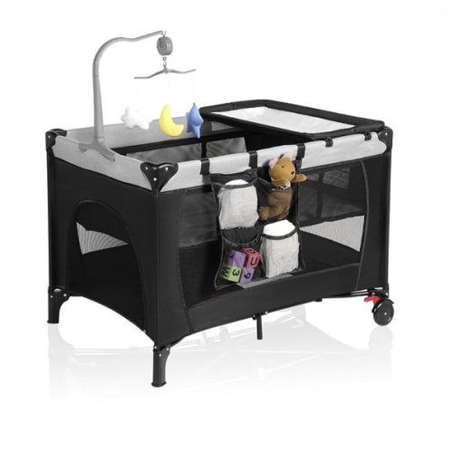 Pack and Play, Travel Crib, with Changing Table, Portable Pack and Play, with Carry Bag, Foldable, Portable Crib for Toddlers 1-3 (A-Black)