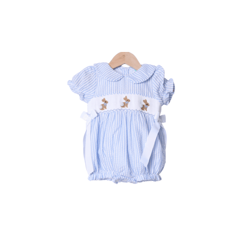 Smocked Bunny Blue Seersucker Bow Bubble – The Smocked Flamingo