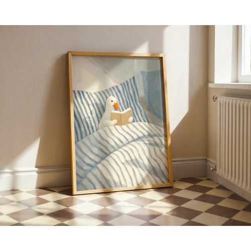 Duck Reading Book Lover Gift: Blue Duck Wall Art, Cozy Animal Print for Nursery