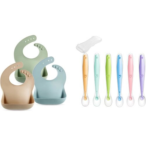 PandaEar Set of 3 Cute Silicone Baby Bibs & Baby Silicone Soft Spoons