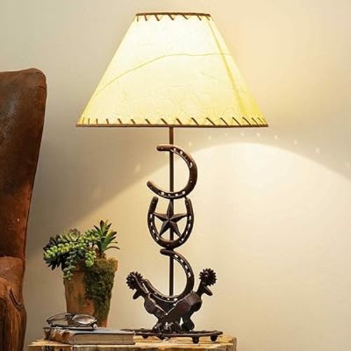 BLACK FOREST DECOR Horseshoe Star Table Lamp – Western Cast Iron Light with Shade for Rustic Rooms