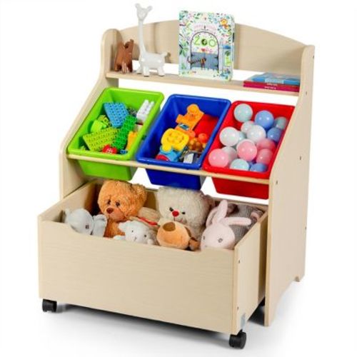 Costway Kids Wooden Toy Storage Unit Organizer w/Rolling Toy Box & Plastic Bins Natural\Espresso