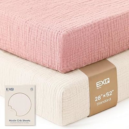 EXQ Home Muslin Crib Sheets for Boy Girl, 2 PCS Breathable Cotton and Soft Fitted Crib Sheet for Standard Crib Mattress, 52"x 28", Pink