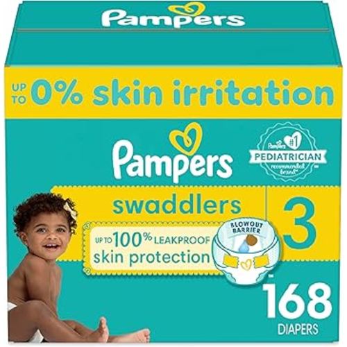 Pampers Swaddlers Diapers - Size 3, One Month Supply (168 Count), Ultra Soft Disposable Baby Diapers