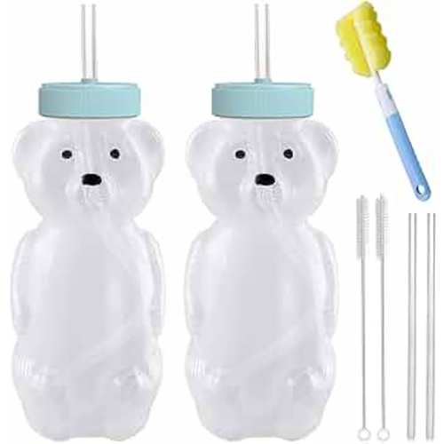 Honey Bear Straw Cups, Juice Bear Bottle Drinking Cup Long Straws with 4 Flexible Straws & Cleaning Tools, 8-Ounce Therapy Sippy Bottles for Speech and Feeding Training, Food-Grade & BPA Free 2 Pack