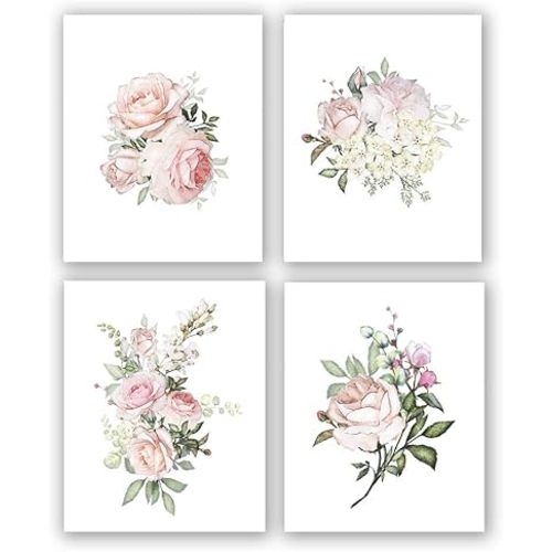 TANXM 4 Set - Pink rose Canvas Painting Flower Wall Art,Modern Wall Decor Bathroom Living Room Girls Bedroom - No Frame,8"x10"