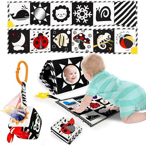 3 PCS Black and White High Contrast Baby Toys for Newborn, Montessori Toys Sensory Infant Tummy Time Toys Baby Essentials 0-6-12 Months Gifts