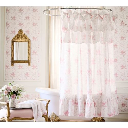 LoveShackFancy Pink Rose Ruffle Shower Curtain