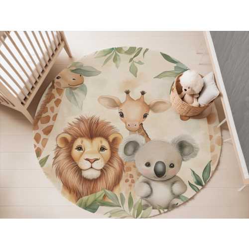 Kids Room Rug with Adorable Safari Animals - Soft Play Mat for Baby Nursery - Koala, Lion & Giraffe Design