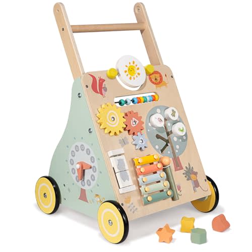 GiggleGems Wooden Baby Walker, Multiple Learning Activities Center Develops Motor Skills for Infant to Toddler, Push and Pull Walkers with Wheel for Boys Girls