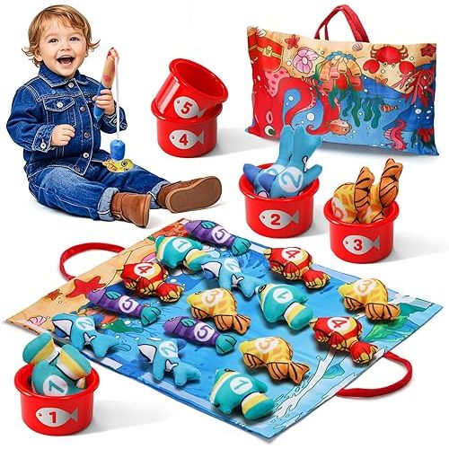 OLIBUY Montessori Toys for 1 Year Old Toddler - 22 Pcs Cloth Fishing Game for Toddlers 1-3 with Stacking Cup, Number Counting, Color and Shape Sorter Learning for Toddler Boy Girl