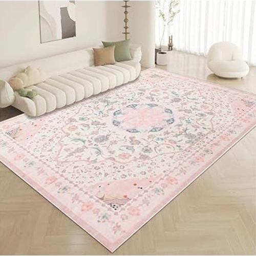 Washable Area Rug - Vintage Rugs for Living Room Non-Slip Backing Accent Area Rugs for Bedroom Soft Dining Room Mat, Indoor Carpet for Sunroom Playroom Dorm Classroom Home Office (Pink, 6'x9')
