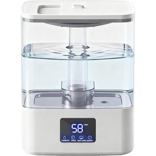 KZF 4L Top Fill Humidifiers for Bedroom & 60H Runtime - Cool Mist Humidifier, 3 Mist Levels, 8H Timer, Essential Oil Tray, Humidity Display, Quiet for Bedroom, Baby, Plants, Large Room (White, 4L)
