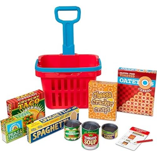 Melissa & Doug Fill and Roll Grocery Basket Play Set With Play Food Boxes and Cans (11 pcs) Kitchen Toy Food Ages 3+