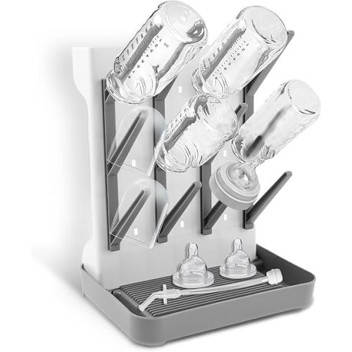 Baby Bottle Drying Rack, Removable Drip Tray Vertical Standing Cup Dryer Rack Holder Space Saving Bottle Drying Rack for Countertop Holds Up to 12 Cup for Baby Bottles and Pump Part Cleaning (Gray)