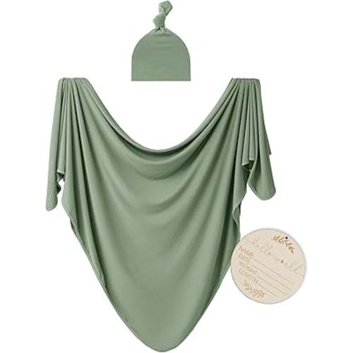Large Jersey Knitted Swaddle Blanket for Baby, Soft Stretchy Receiving Blanket for Newborns with Hat, Baby Nursery Swaddle 47 x 47 inches(Sage)