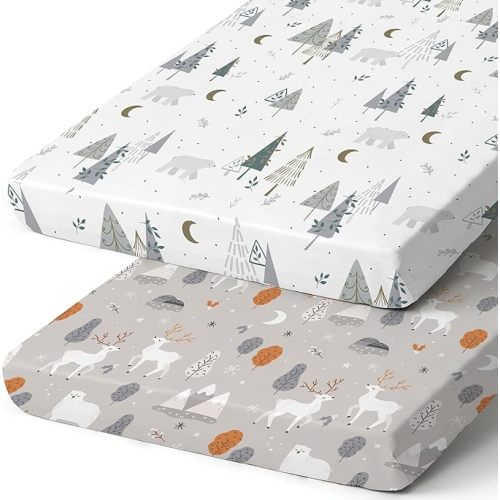 Pack n Play Sheets, 2 Pack Mini Crib Sheets,Stretchy Portable Fitted Playard Sheet Set, Convertible Playard Mattress Cover,Ultra Soft Breathable Material,Snowy Forest