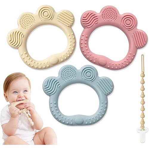 3 Pack Ring Teether Baby Toys, Soft Silicone Infant Teething Ring, Funny Toddler Chew Toys 0-6, 6-12,12-24 Months, BPA Free, PVC-Free Baby Teething Relief