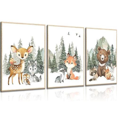 3Pcs Woodland Animal Nursery Canvas Wall Art Forest Adventure Theme Animals Picture Posters Wall Decor Cute Watercolor Deer Bear Fox Painting Print Artwork for Kids Baby Bedroom Decor 12x16in Unframed