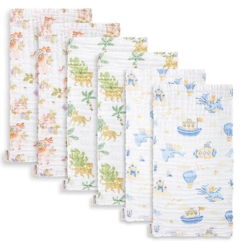 Maliton Muslin Baby Burp Cloths 20" x 10" - Large, 6-Layer, Ultra Absorbent 100% Cotton for Baby Drool & Messes, Soft, Pack of 6, Safe & Gentle Baby Rags for Boys & Girls - Floral