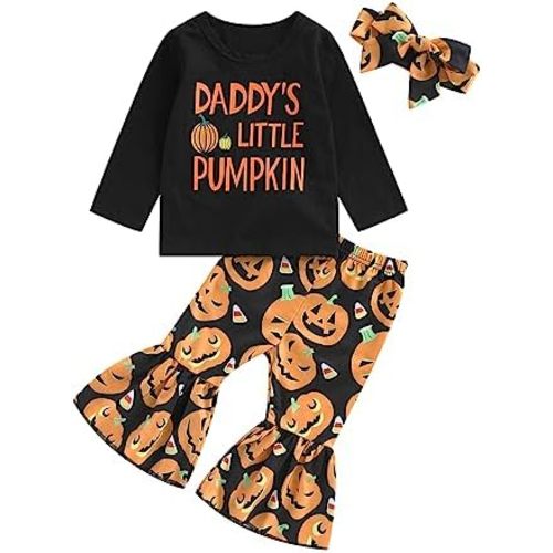 Hnyenmcko Baby Girl Halloween Outfit Long Sleeve Letter Print Tops Pumpkin Flared Pants Headband Set 3Pcs Fall Clothes