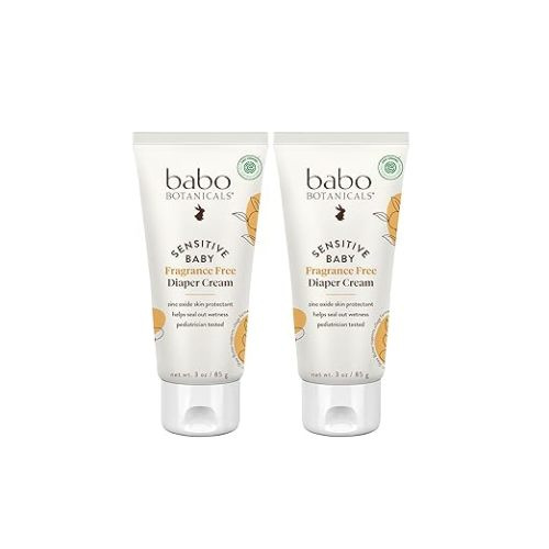 BABO Botanicals Sensitive Baby Fragrance-Free Diaper Cream - 25% Natural Zinc Oxide - Calendula, Shea & Cocoa Butter - EWG Verified - Vegan- from Birth on - 1 or 2 Pack - Pack of 2