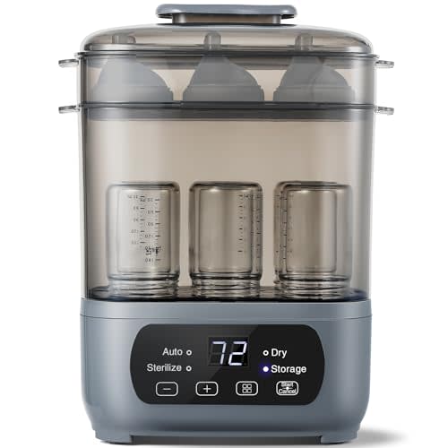 AMZBABYCHEF 4-in-1 Baby Bottle Steamer and Dryer, Electric Steamer with Fast Drying, Universal Fit for All Bottles, LED Touch Screen & Auto Shut-Off Protection (Grey)