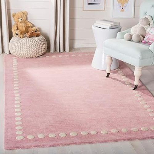 SAFAVIEH Kids Collection Accent Rug - 3' x 5', Pink, Handmade Polka Dot Border Wool, Ideal for High Traffic Areas in Entryway, Living Room, Bedroom (SFK802U)