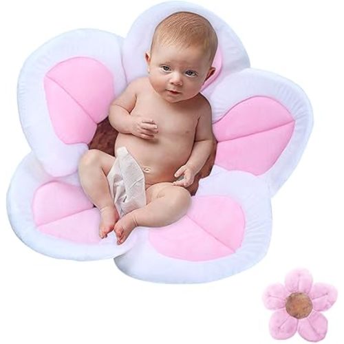 Baby Bath Flower Soft Cushion Non-Slip Safety Sink Insert Tub Creative Play-mat 0-12 Months, Includes Mini Bath Flower Scrubby BPA Free (Baby Pink)